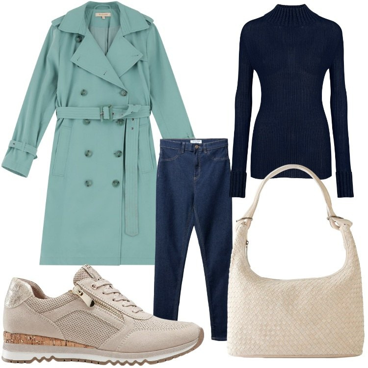 Outfit donna - Buongiorno ottobre. Stile Casual per Tutti i giorni. Abbinamento con sneakers, shopping bag, jeggings, trench, maglieria.