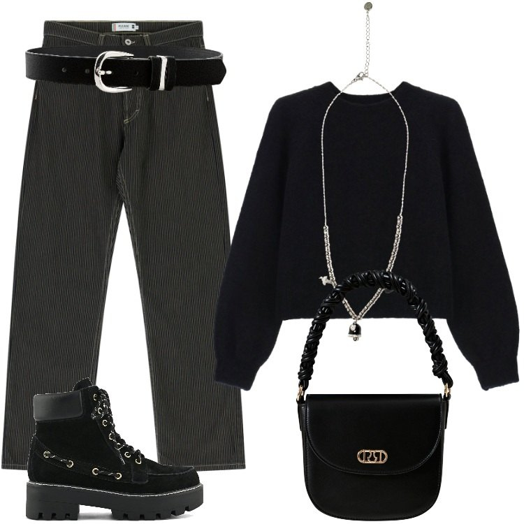 Outfit donna - In Grassetto. Stile Basic per Scuola/Università. Abbinamento con cinture, borse a mano, pantaloni, maglieria, ciondoli, stivaletti.