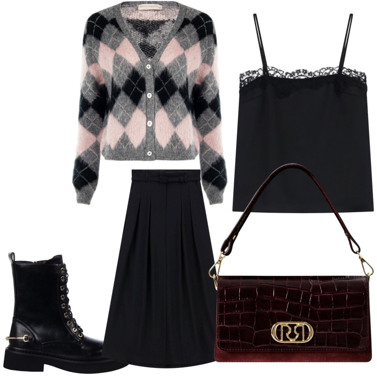 Outfit donna - Rombi. Stile Casual chic per Serata fuori. Abbinamento con cardigans, anfibi, borse a mano, gonne lunghe, canottiere.
