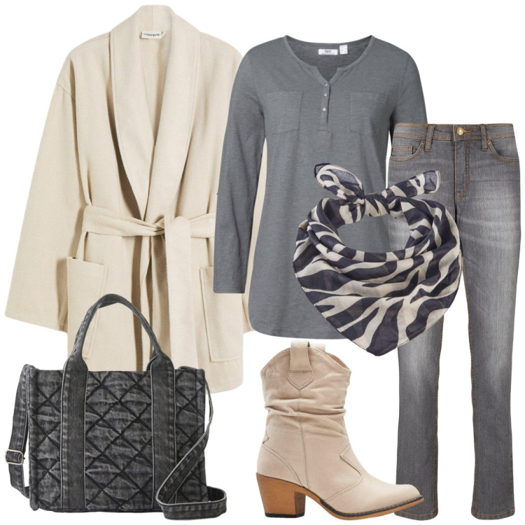 Outfit donna - Total look #2254040. Stile Casual per Tutti i giorni. Abbinamento con blazer, maglieria, jeans mom, stivaletti texani, foulard, borse a mano.
