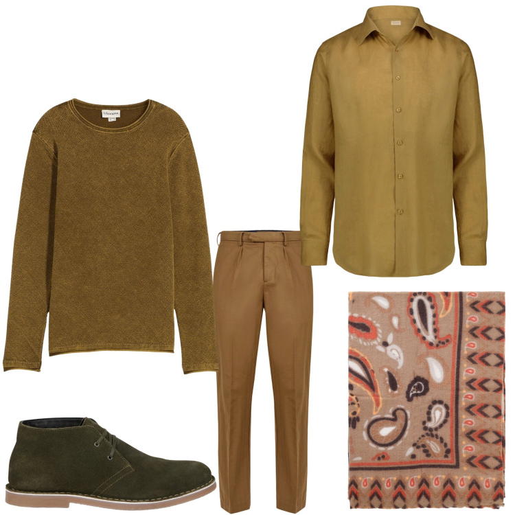 Outfit uomo - Autunno. Stile Business/Elegante per Serata speciale. Abbinamento con maglieria, sciarpe e foulard, pantaloni, camicie, stivali e stivaletti.