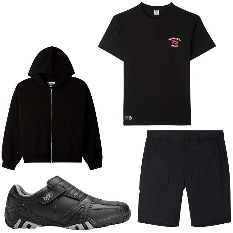 Outfit uomo - Black sport. Stile Casual per Sport. Abbinamento con scarpe sportive, pantaloni corti, felpe con cappuccio, t-shirt.
