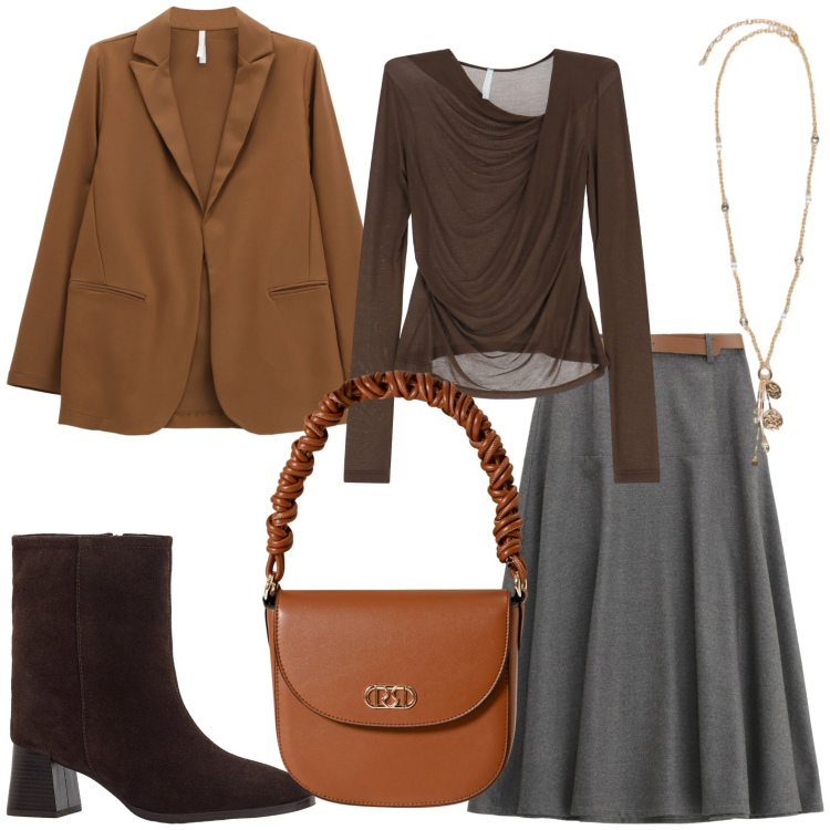 Outfit donna - Grigio e marrone. Stile Chic per Ufficio. Abbinamento con stivaletti, borse a mano, gonne lunghe, blazer, bluse, ciondoli.