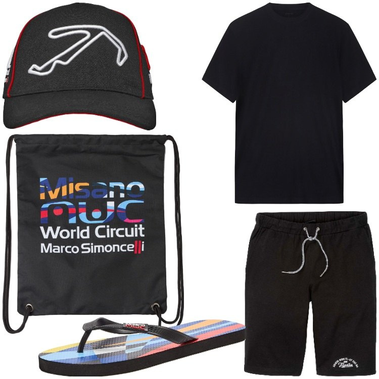 Outfit uomo - Piscina. Stile Casual per Sport. Abbinamento con bermuda, borse sportive, sandali, cappelli, t-shirt.