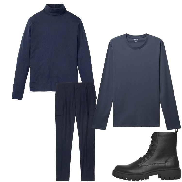 Outfit uomo - Autunno blu. Stile Casual per Tutti i giorni. Abbinamento con maglieria, anfibi, t-shirt, pantaloni cargo.