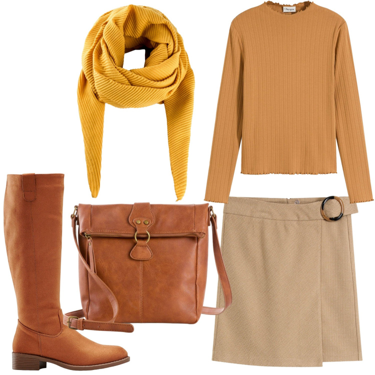 Outfit donna - Senape. Stile Casual chic per Ufficio. Abbinamento con gonne, foulard, stivali, maglieria, borse a tracolla.
