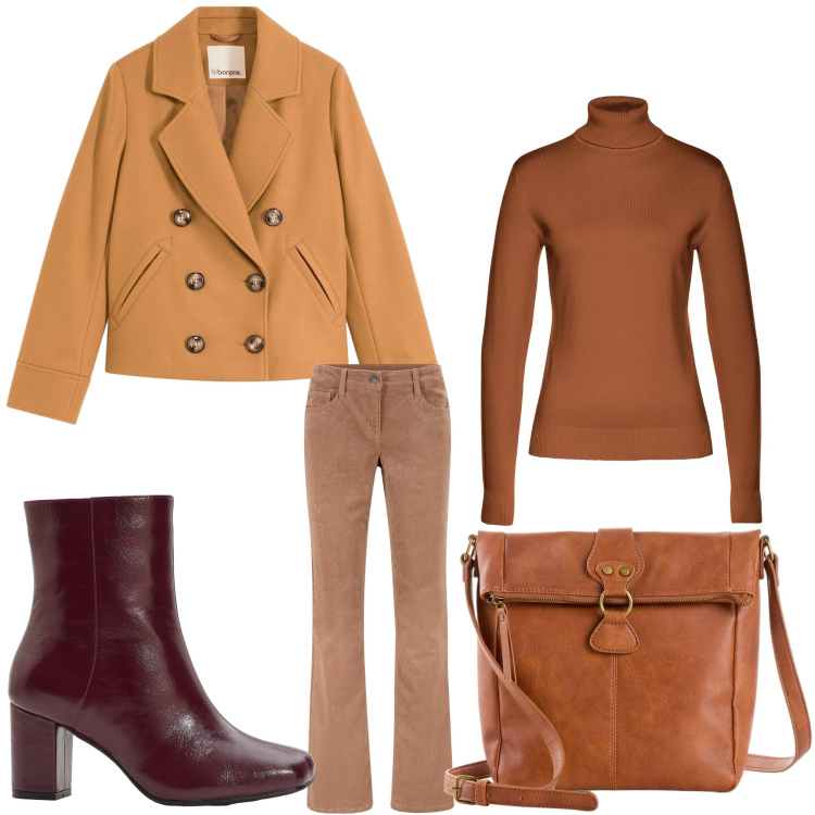 Outfit donna - I colori che amo. Stile Casual chic per Ufficio. Abbinamento con pantaloni, caban, maglieria, stivaletti, borse a tracolla.