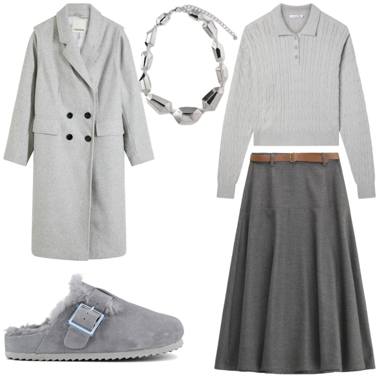 Outfit donna - Il grigio classico. Stile Casual per Tutti i giorni. Abbinamento con cappotti, t-shirt, gonne lunghe, sabot, ciondoli.