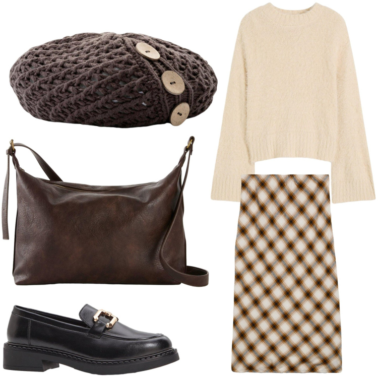 Outfit donna - Alla francese. Stile Casual chic per Serata fuori. Abbinamento con mocassini, berretti, gonne longuette, maglieria, borse a tracolla.