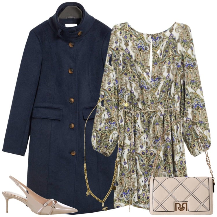 Outfit donna - Fiori. Stile Romantica per Tutti i giorni. Abbinamento con cappotti, vestiti corti, borse a tracolla, décolleté, ciondoli.