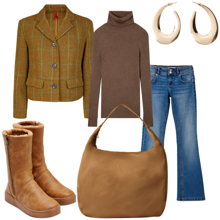 Outfit donna - Sempre alla moda. Stile Trendy per Tutti i giorni. Abbinamento con stivali, orecchini, borse a mano, jeans a zampa, maglieria, blazer.