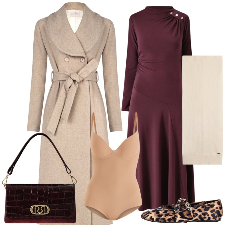 Outfit donna - In città. Stile Chic per Tutti i giorni. Abbinamento con ballerine, cappotti, body, vestiti midi/longuette, borse a mano, sciarpe.