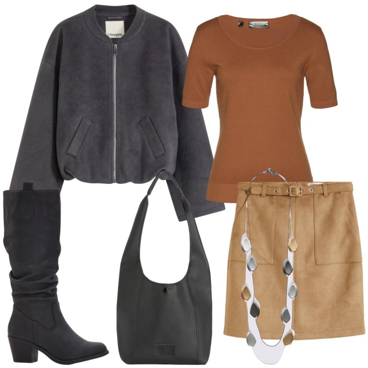 Outfit donna - In città. Stile Casual per Tutti i giorni. Abbinamento con bomber, stivali, maglieria, gonne, borse a spalla, collane.