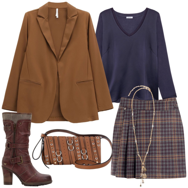 Outfit donna - Quadri. Stile Preppy per Tutti i giorni. Abbinamento con stivali, minigonne, borse a spalla, blazer, bluse, ciondoli.