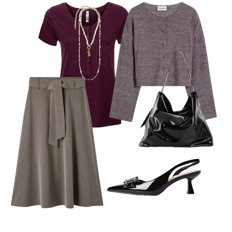 Outfit donna - Autunno lungo mare. per Mare. Abbinamento con t-shirt, cardigans, shopping bag, gonne lunghe, décolleté, collane.