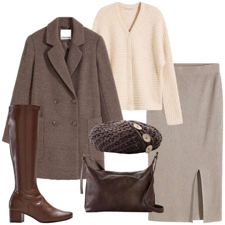 Outfit donna - Bonprix Neutral by nature. Stile Chic per Ufficio. Abbinamento con gonne, cappotti, stivali, cardigans, berretti, borse a tracolla.