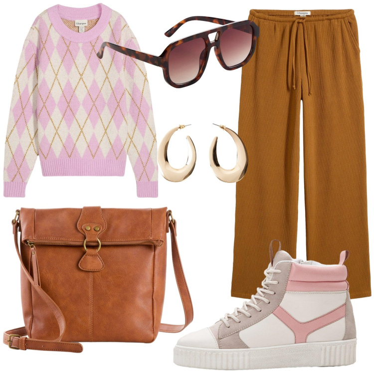 Outfit donna - Pink e scozzese. Stile Casual per Scuola/Università. Abbinamento con maglieria, orecchini, occhiali da sole, borse a tracolla, pantaloni, sneakers alte.
