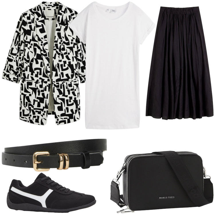 Outfit donna - B&W. Stile Glamour per Tutti i giorni. Abbinamento con gonne lunghe, t-shirt, blazer, sneakers, cinture, borse a tracolla.
