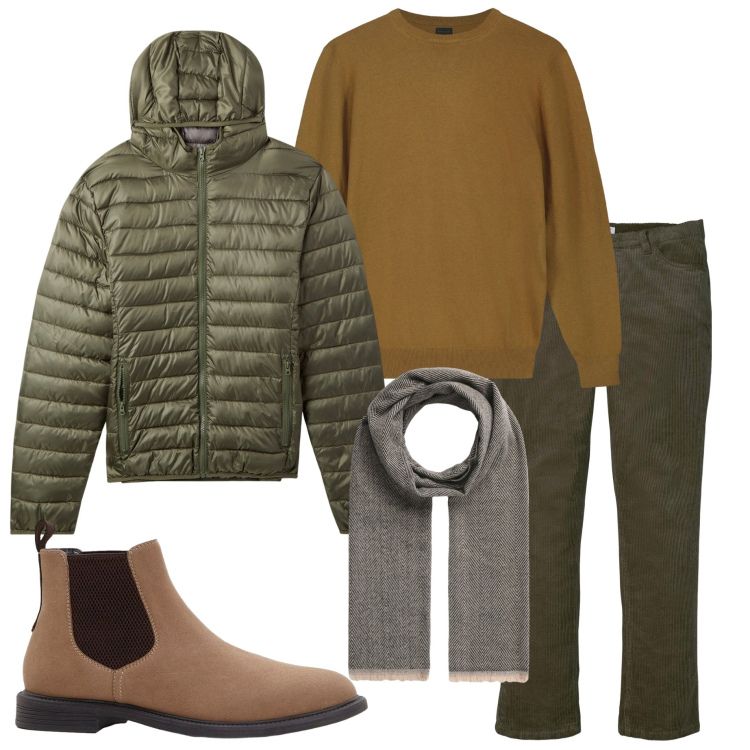 Outfit uomo - Con il primo freddo. Stile Urban per Tutti i giorni. Abbinamento con pantaloni, stivali e stivaletti, piumini, sciarpe, maglieria.