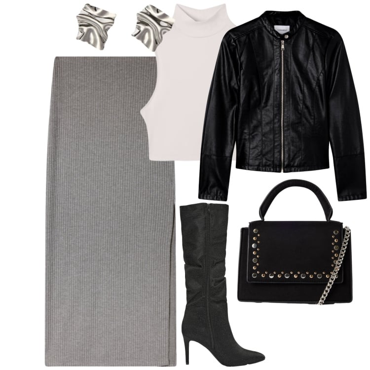 Outfit donna - La gonna a costine con lo spacco. Stile Urban per Tutti i giorni. Abbinamento con gonne lunghe, giacche, top, borse a tracolla, stivali, orecchini.