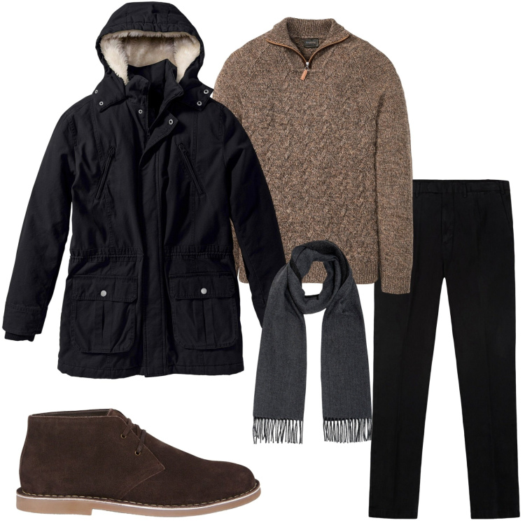 Outfit uomo - Weekend in montagna. Stile Casual per Tutti i giorni. Abbinamento con parka, maglieria, pantaloni, stivali e stivaletti, sciarpe.