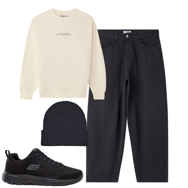 Outfit uomo - Fall. Stile Casual per Tutti i giorni. Abbinamento con sneakers, berretti, felpe, jeans.