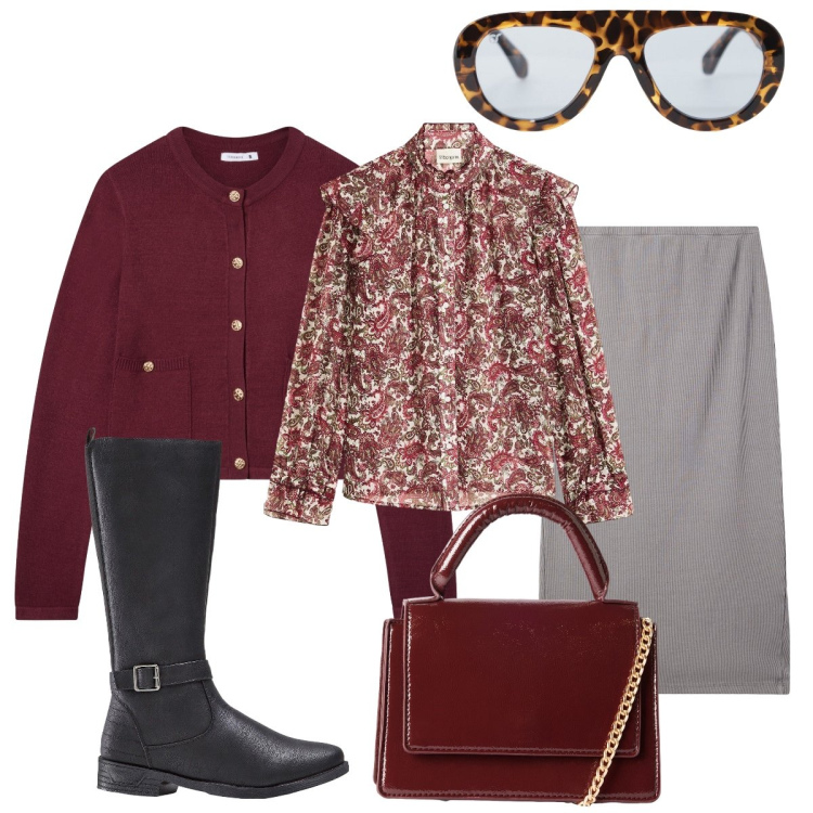 Outfit donna - In città. Stile Bon Ton per Tutti i giorni. Abbinamento con stivali, camicie, gonne longuette, borse a tracolla, cardigans, occhiali da sole.