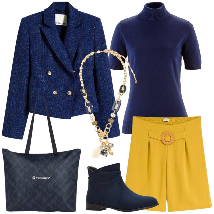 Outfit donna - Tempo libero in città. Stile Casual chic per Tutti i giorni. Abbinamento con maglieria, stivaletti, shorts, blazer, shopping bag, collane.
