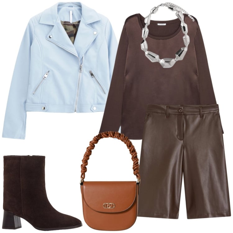 Outfit donna - Dinamica. Stile Casual per Tutti i giorni. Abbinamento con bermuda, stivaletti, borse a mano, blazer, bluse, ciondoli.