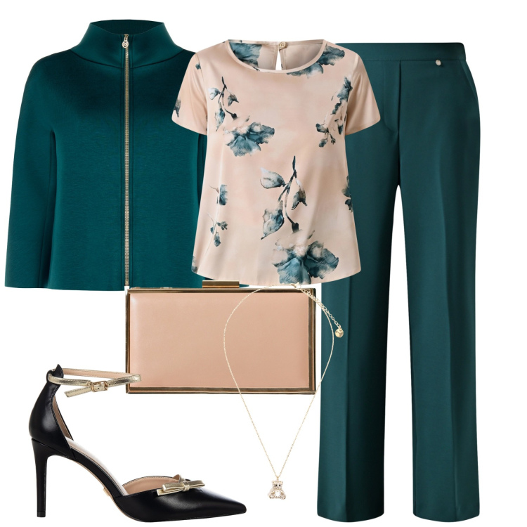 Outfit donna - Cresima. Stile Chic per Cerimonia. Abbinamento con pantaloni, cappe, bluse, décolleté, pochette, ciondoli.