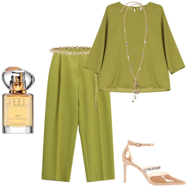 Outfit donna - Blusa e pantaloni eleganti verde olio. Stile Casual chic per Serata fuori. Abbinamento con profumi, décolleté, cinture, bluse, pantaloni, ciondoli.