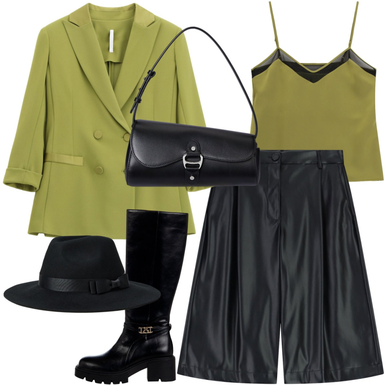 Outfit donna - Trendy serata con le amiche. Stile Trendy per Serata fuori. Abbinamento con stivali sopra il ginocchio, shorts, blazer, top, borse a spalla, cappelli.