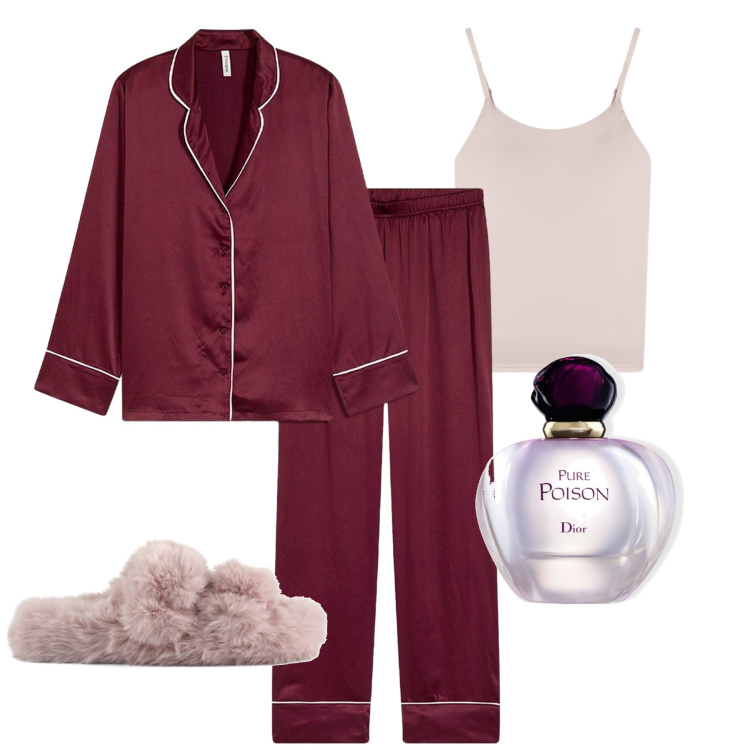 Outfit donna - Serata a casa. Stile Romantica per Tutti i giorni. Abbinamento con pigiama, profumi, magliette intime, ciabatte.
