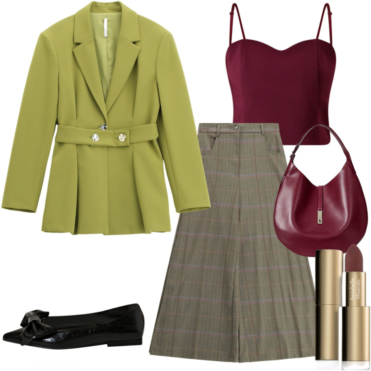 Outfit donna - Look formale con un tocco moderno.. Stile Urban per Tutti i giorni. Abbinamento con rossetti, top, ballerine, blazer, pantaloni a palazzo, borse a spalla.