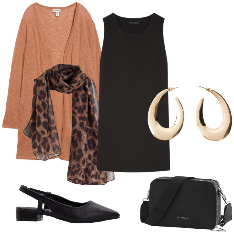 Outfit donna - Il tubino nero. Stile Basic per Ufficio. Abbinamento con orecchini, décolleté, sciarpe, borse a tracolla, cardigans, vestiti corti.