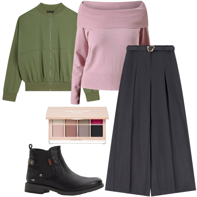 Outfit donna - Contrasto femminile. Stile Urban per Ufficio. Abbinamento con stivaletti chelsea, ombretti, maglieria, pantaloni, felpe.