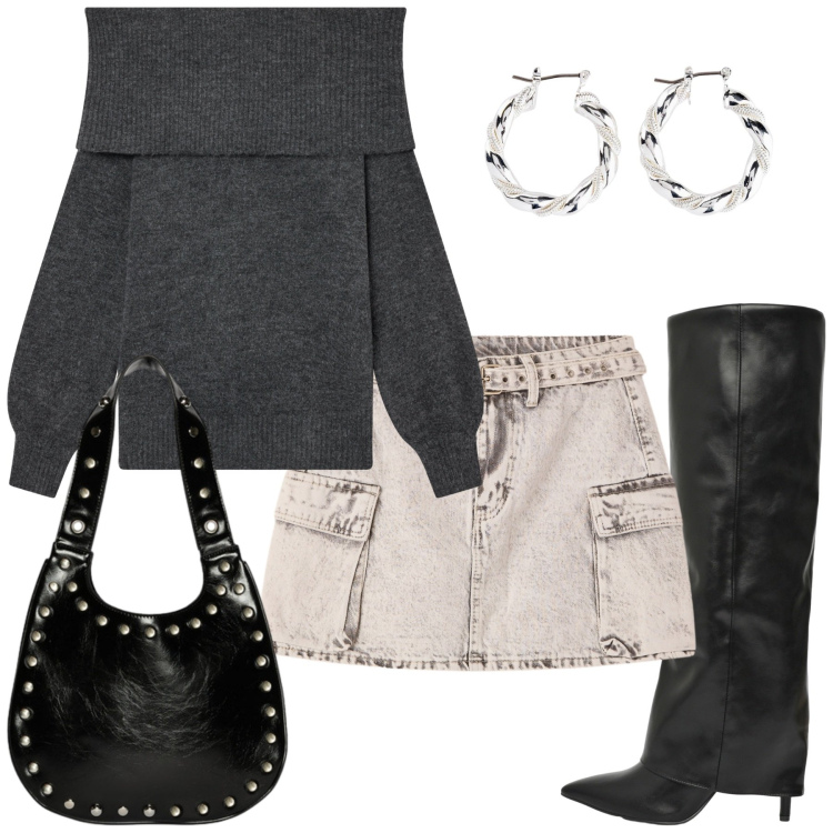 Outfit donna - Total look #2254122. Stile Rock per Serata fuori. Abbinamento con orecchini, minigonne, stivali, maglieria, borse a spalla.