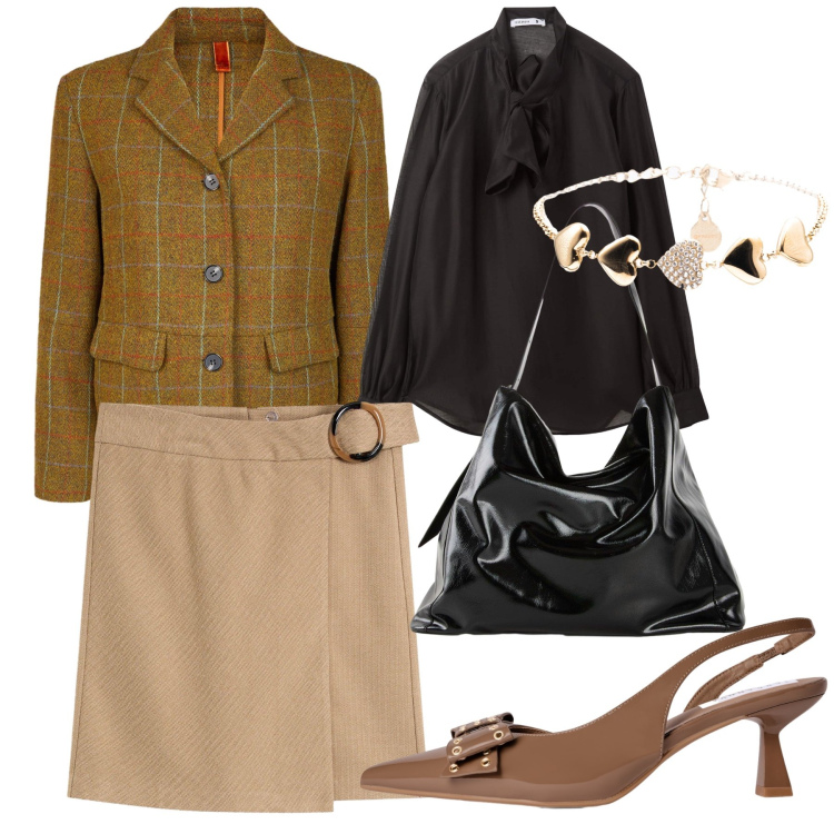 Outfit donna - Perfetto office look. Stile Urban per Ufficio. Abbinamento con shopping bag, gonne, bluse, décolleté, braccialetti, blazer.