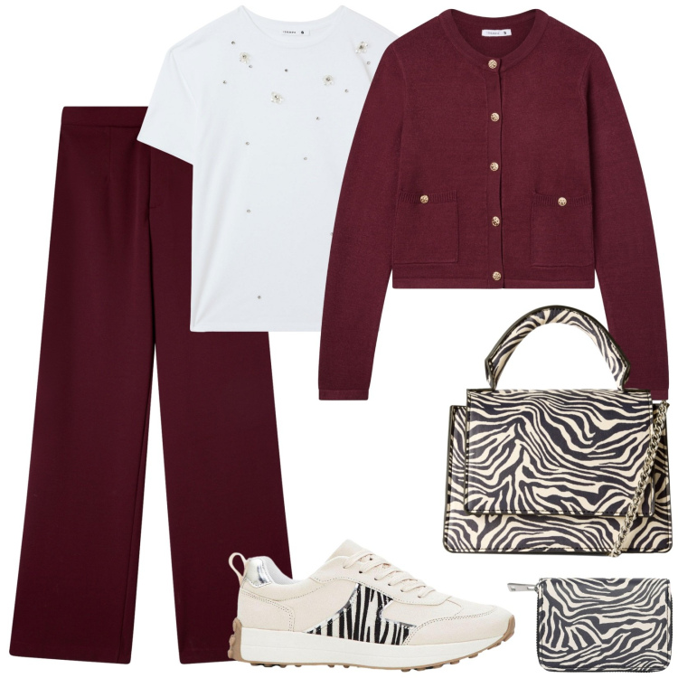 Outfit donna - Dettagli audaci. Stile Casual per Ufficio. Abbinamento con sneakers, pantaloni, cardigans, t-shirt, borse a tracolla, portafogli.