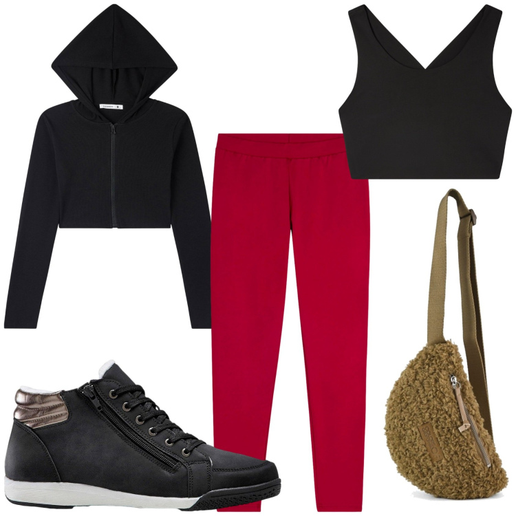 Outfit donna - Jogging al parco. Stile Sporty chic per Sport. Abbinamento con sneakers alte, cardigans, top sportivi, leggings, marsupi.