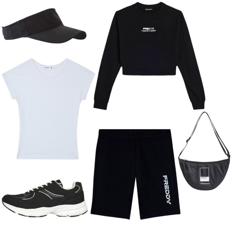 Outfit donna - Una giornata di corsa. Stile Casual per Sport. Abbinamento con cappelli con visiera, marsupi, t-shirt, sneakers, felpe, bermuda.