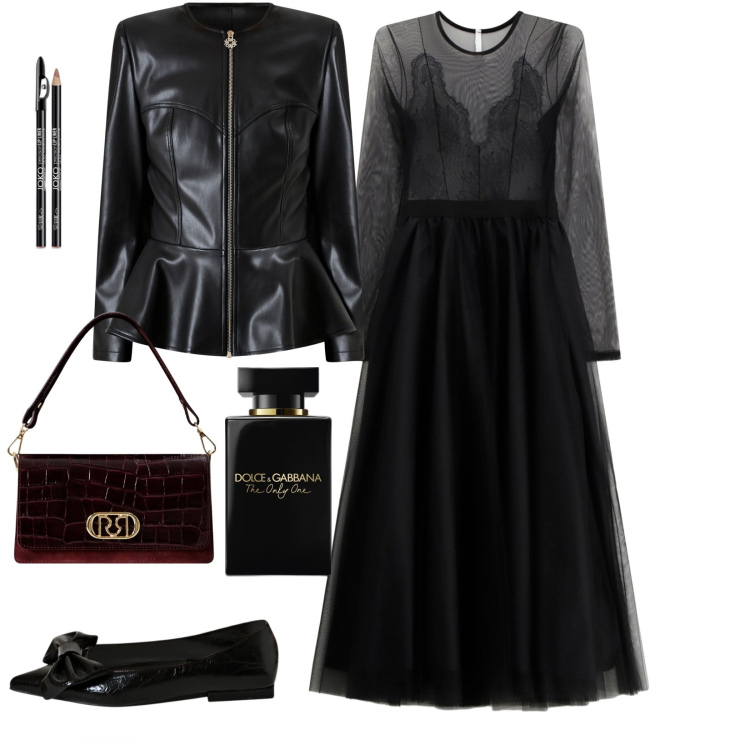 Outfit donna - Magica serata con scarpe basse. Stile Trendy per Serata fuori. Abbinamento con profumi, matite labbra, giacche, ballerine, borse a mano, vestiti midi/longuette.