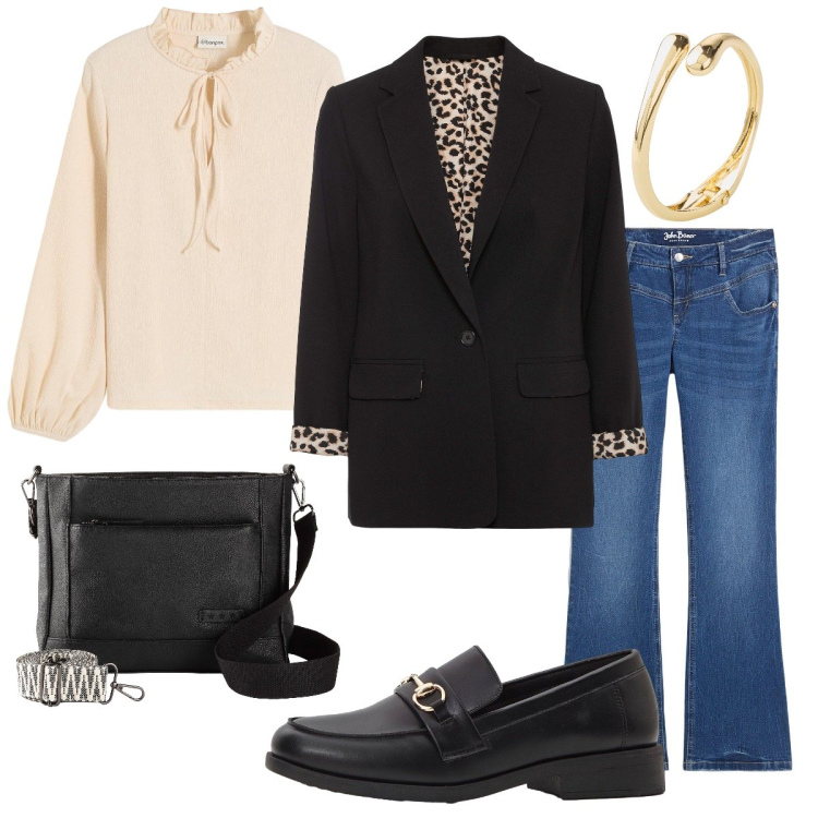 Outfit donna - Il blazer nero. Stile Bon Ton per Tutti i giorni. Abbinamento con bluse, blazer, jeans bootcut, mocassini, borse a tracolla, braccialetti.