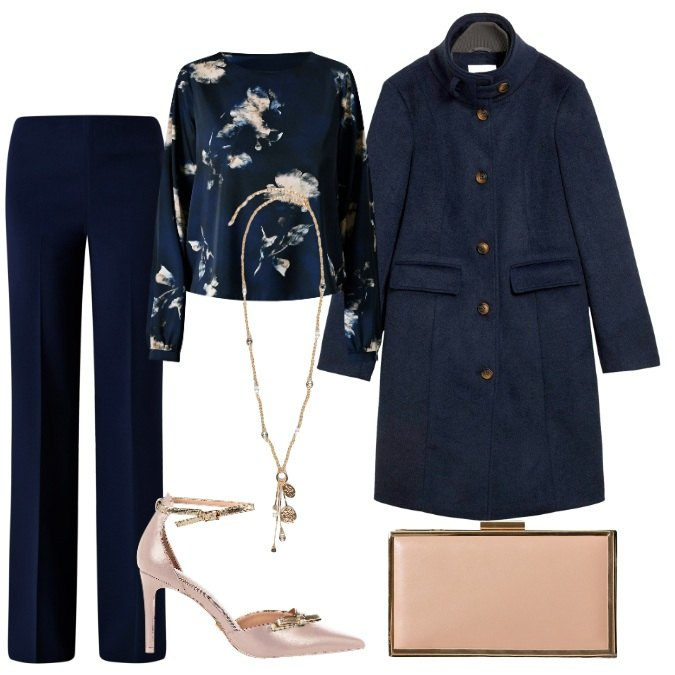 Outfit donna - Ispirazione blu e cipria. Stile Bon Ton per Serata fuori. Abbinamento con cappotti, pantaloni a palazzo, bluse, décolleté, pochette, ciondoli.