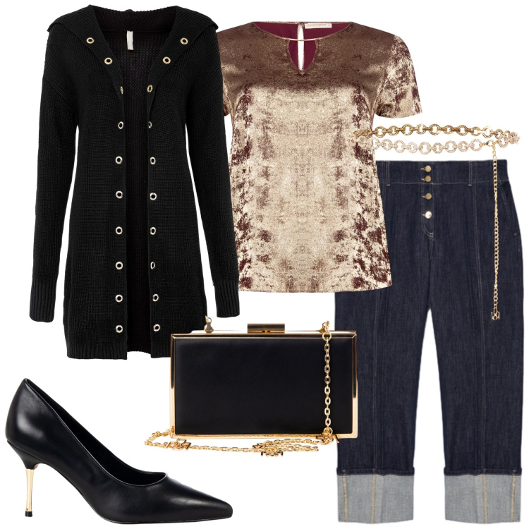 Outfit donna - Total look #2254145. Stile Glamour per Serata fuori. Abbinamento con cardigans, décolleté, pochette, bluse, cinture, jeans.