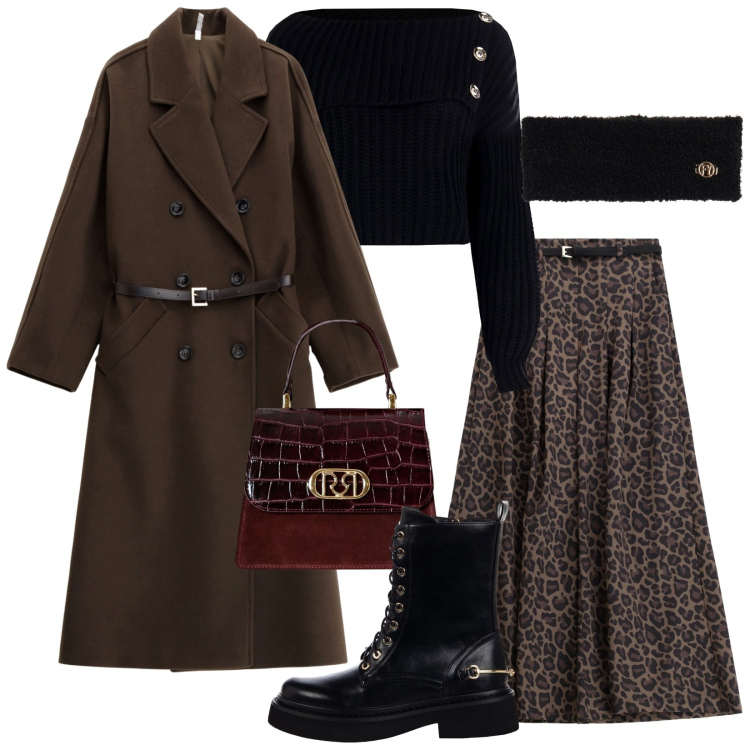 Outfit donna - Stampa anumalier. Stile Trendy per Tutti i giorni. Abbinamento con anfibi, maglieria, borse a mano, pantaloni, cappotti, fasce per capelli.