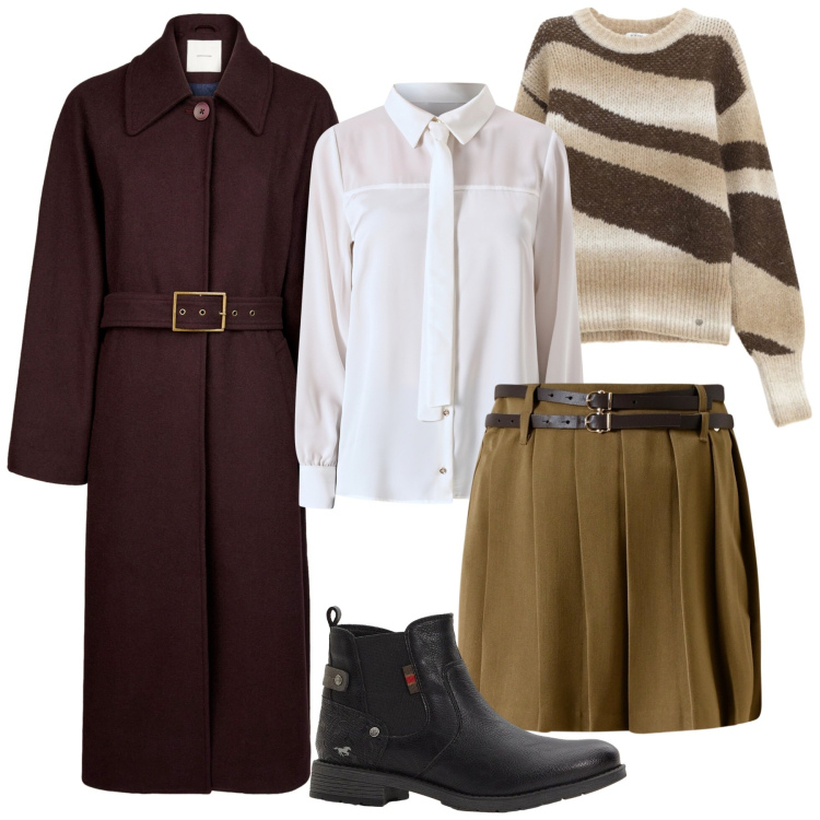 Outfit donna - Total look #2254147. Stile Trendy per Tutti i giorni. Abbinamento con stivaletti chelsea, minigonne, camicie, pullovers, cappotti.