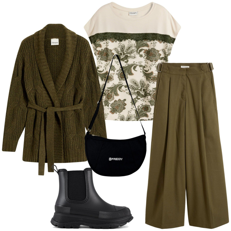 Outfit donna - Total look #2254149. Stile Urban per Tutti i giorni. Abbinamento con t-shirt, pantaloni, cardigans, borse a spalla, stivali.