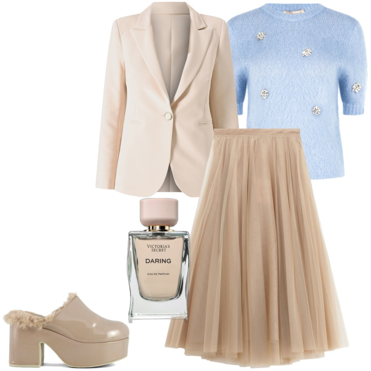 Outfit donna - Rinnovo guardaroba. Stile Trendy per Tutti i giorni. Abbinamento con profumi, maglieria, blazer, gonne lunghe, sabot.