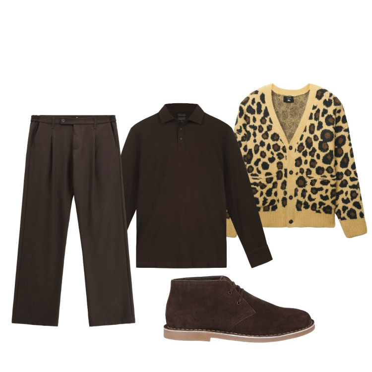 Outfit uomo - Il cardigan animalier. Stile Casual per Tutti i giorni. Abbinamento con cardigans, pantaloni, stivali e stivaletti, polo.